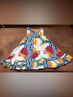 Striped Tropical Print Sleeveless Dress - Blue, White, Yellow, Red